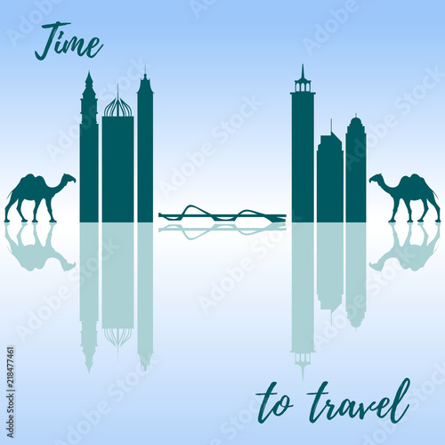 Famous skyscrapers of the world, bridge and camels