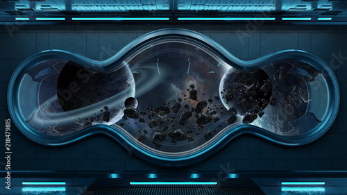 Fototapeta Naklejka Na Ścianę i Meble -  Black tech spaceship round window interior background 3D rendering
