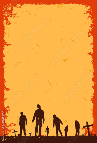 Silhouette of zombies walking at graveyard, Vector Illustration