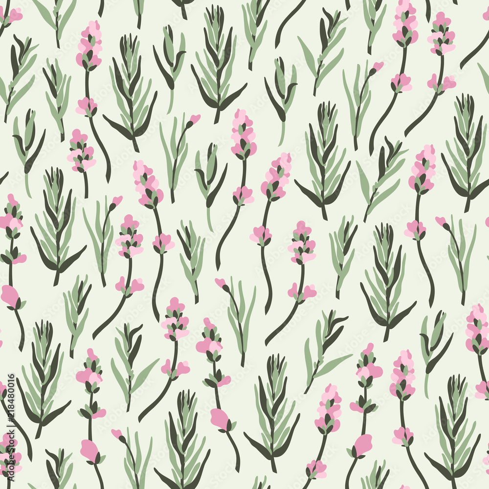 Seamless pattern with branches and leaves of lavender. Vector illustration.