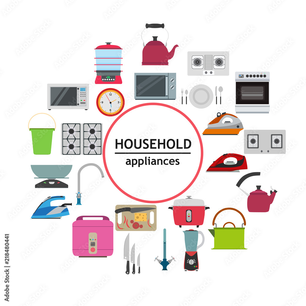 Household electrical kitchen appliance modern technology symbol vector.  Home set new machinne lifestyle object device. Collection equipment icon  house domestic. Cooking goods woman laundry flat store Stock Vector
