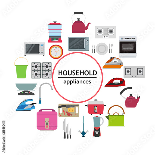 Household electrical kitchen appliance modern technology symbol vector. Home set new machinne lifestyle object device. Collection equipment icon house domestic. Cooking goods woman laundry flat store