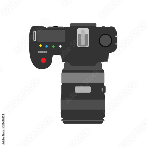 Photo camera top view vector background. Vintage digita; photography design icon object. Retro illustration concept isolated. Lifestyle equipment closeup element. Business flat media color template