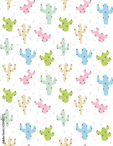 Cute Abstract Cactus Vector Pattern. Pink, Green, Beige and Blue Cactus with Black Spines. White Background with Delicate Little Leaves Among Cactuses.
