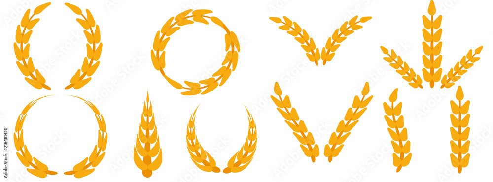 Field grain set ear wheat vector. Harvest farm bread rye agriculture food. Cereal barley isolated background plant. Crop icon golden corn illustration logo. Yellow straw beer stem. Field grain set ear wheat vector. Harvest farm bread rye agriculture food. Cereal barley isolated background plant. Crop icon golden corn illustration logo. Yellow straw beer stem.