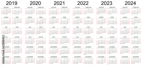 Six year calendar - 2019, 2020, 2021, 2022, 2023 and 2024 in white background.