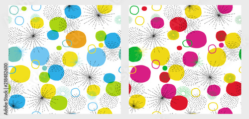 Hand Drawn Abstract Elements Vector Pattern Set. Bold Colours. White Background. Gray Lines. Blue, Green, Pink, Red and Yellow Round Shapes. Grey Polka Dots.