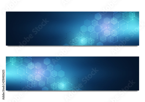 Vector banners for science and digital technology. Geometric abstract background with hexagons design. Molecular structure and chemical compounds.
