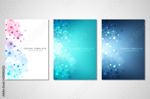 Vector template for brochure or cover with molecular structure background and connected lines and dots. Medicine, science and digital technology concept.