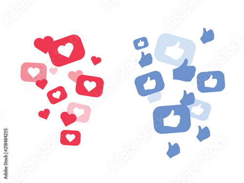 New Heart love, like, Thumbs up. Flying hearts. Red hearts of different sizes fly away. Like and Heart love