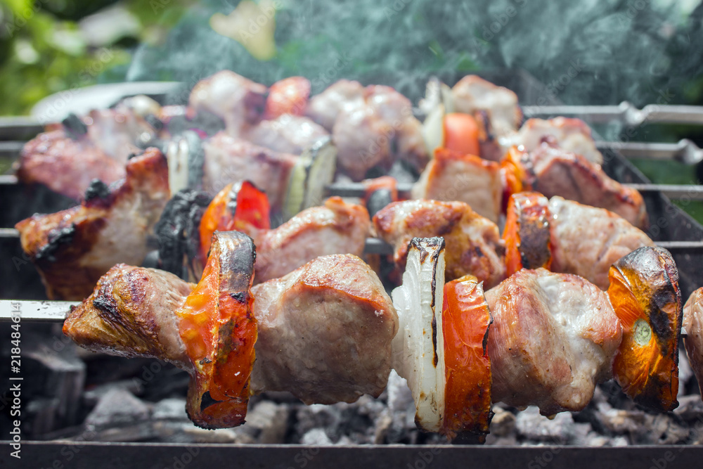 Closeup of cooking meat shashlik outdoors Closeup of cooking meat shashlik outdoors