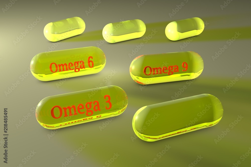 Transparent omega3, omega6 and omega9 capsules. Fish and vegetable
