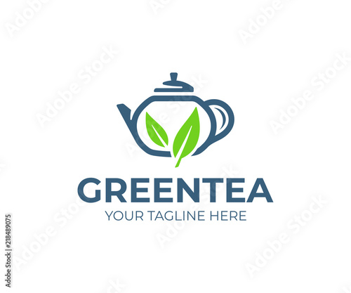 Green tea logo design. Teapot with leaves vector design. Teahouse logotype