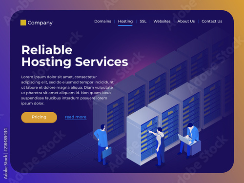 Hosting room and people in flat 3d isometric style. Computation of big data center, database, information processing. Modern hosting for the site. Future vector illustration concepts for website. 