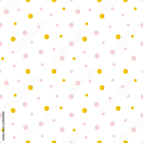 Cute vector seamless pattern background with pink and gold dots, confetti. 