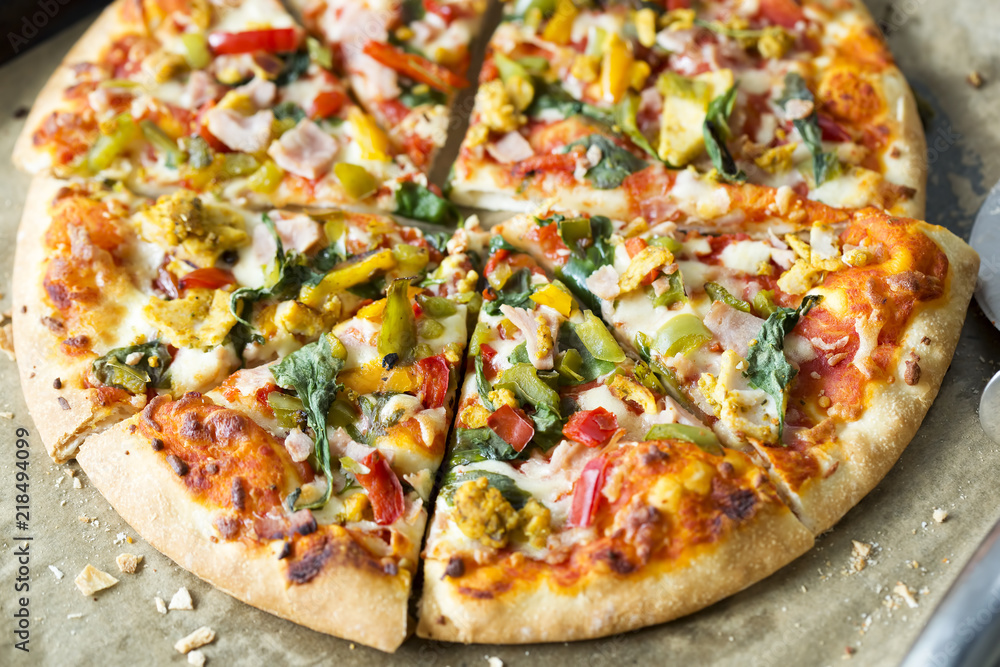 Pizza with chicken, bacon and vegetables Pizza with chicken, bacon and vegetables