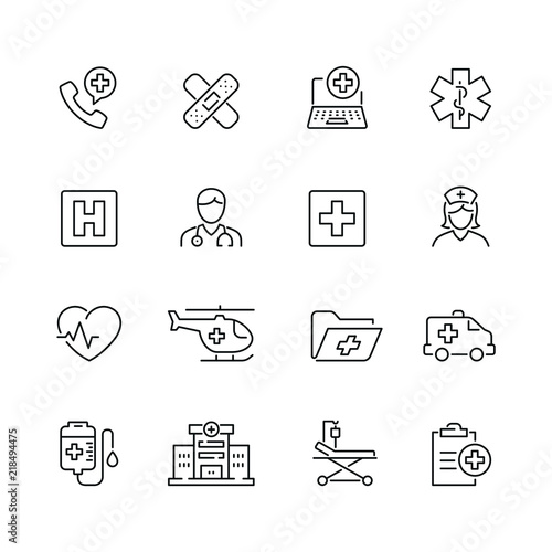 Hospital and medical care related icons: thin vector icon set, black and white kit