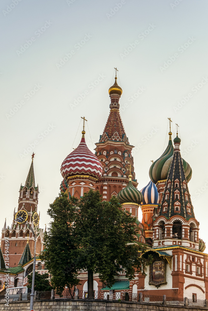Center of the capital of Russia. Cathedral of Saint Basil the Blessedon on Red Square in evening sun backlight. Historical building. Center of the capital of Russia. Cathedral of Saint Basil the Blessedon on Red Square in evening sun backlight. Historical building.