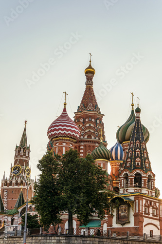 Center of the capital of Russia. Cathedral of Saint Basil the Blessedon on Red Square in evening sun backlight. Historical building.