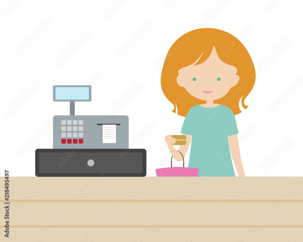 A young woman is shopping at a store and is paying with a gold payment card at an electronic cash desk. Holds a purse or shopping bag - flat design A young woman is shopping at a store and is paying with a gold payment card at an electronic cash desk. Holds a purse or shopping bag - flat design