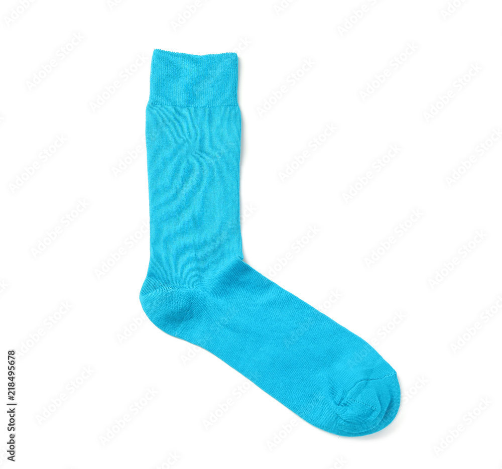 Blue sock on white background, top view Blue sock on white background, top view