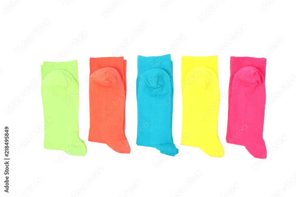 Obraz premium Flat lay composition with different colorful socks on white background