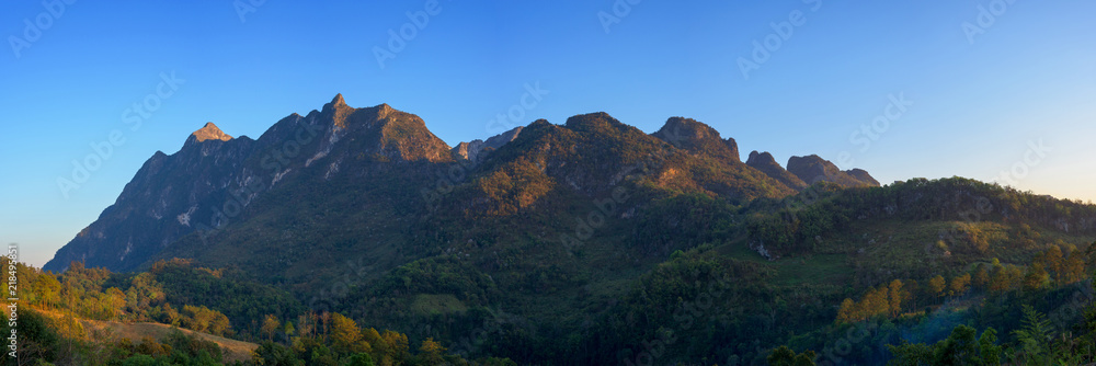 Wide panoramic view of the Mountains National Park in summer, Thailand.