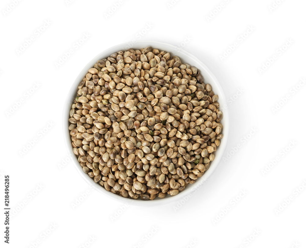 Bowl of hemp seeds on white background, top view Bowl of hemp seeds on white background, top view