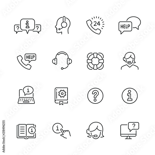 Help and support related icons: thin vector icon set, black and white kit