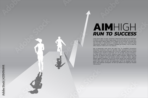 competition of two silhouette of businessman and businesswoman running with arrow. business concept for competition