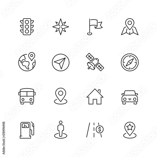 Navigation related icons: thin vector icon set, black and white kit
