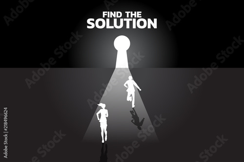 business solution. Silhouette of businesswomen and businessman running to key hole door