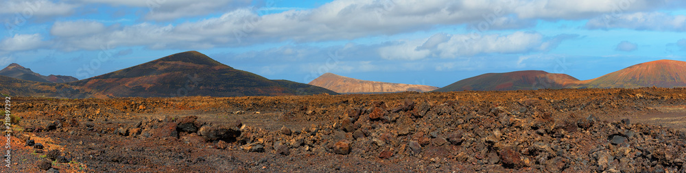 Lanzarote panoramic view of volcano craters and lava landscape Spain
