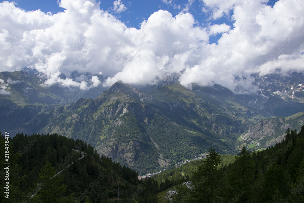 beautiful mountain landscape with green pine forest and sad sky