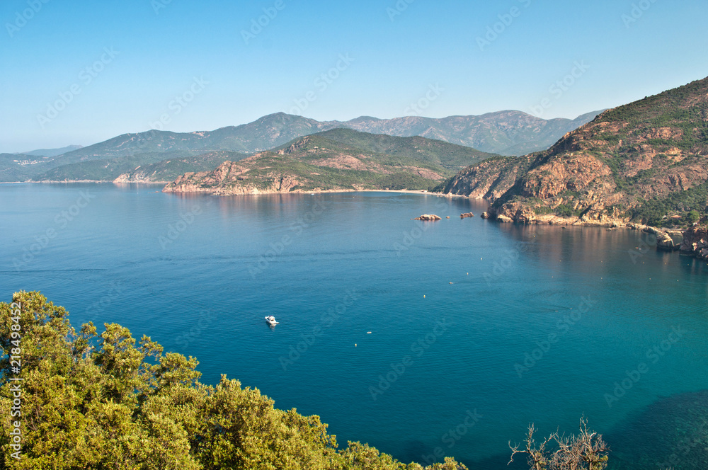 View of the sea and the mountains of the typical landscape on the island of Corsica
