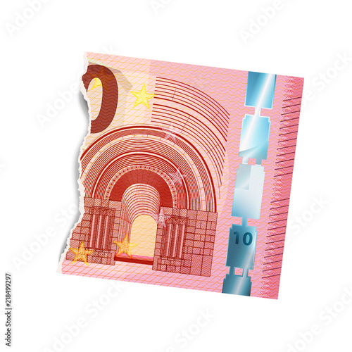 Realistic dummy of half ten euro banknote torn into two pieces on white