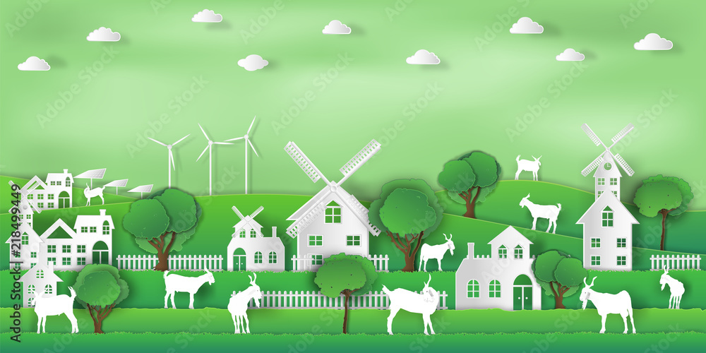 landscape of goat farm and relax in the morning city on summer, fresh air in the park as nature, living , paper art and craft style concept. vector illustration