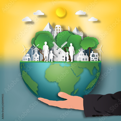 businessman hand’s hold the family love and relax in the morning city on summer, fresh air in the park on the world as nature, healthy, paper art and craft style concept. vector illustration