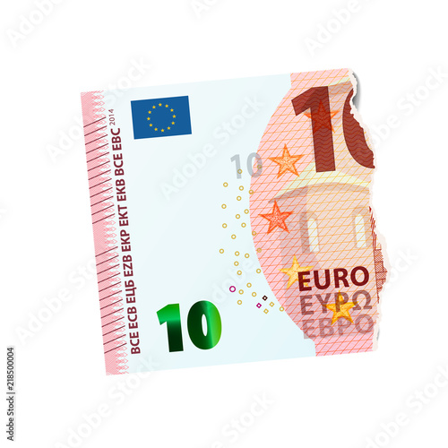 Realistic dummy of half ten euro banknote torn into two pieces isolated on white
