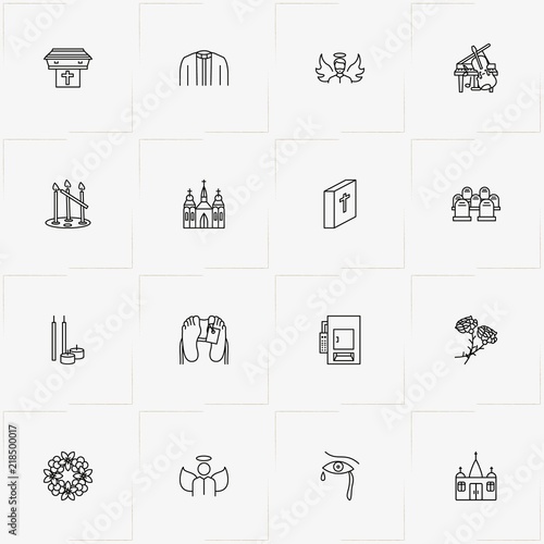 Funeral line icon set with tombstone, church candles and cemetery