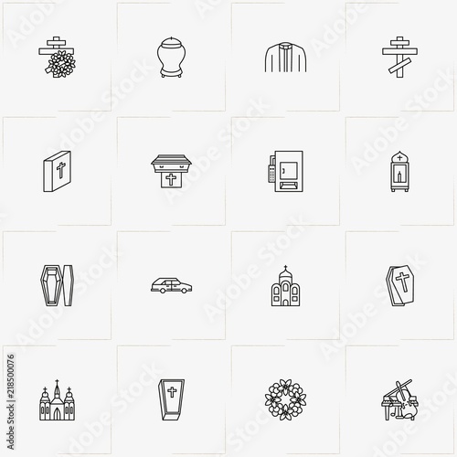 Funeral line icon set with funeral car , church  and wreath