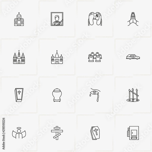 Funeral line icon set with church , coffin and pray