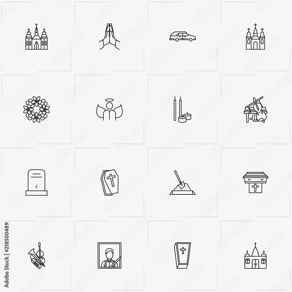 Funeral line icon set with music instruments, church and pray Funeral line icon set with music instruments, church and pray