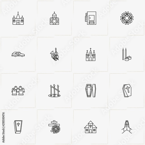Funeral line icon set with crematory , pray  and cross