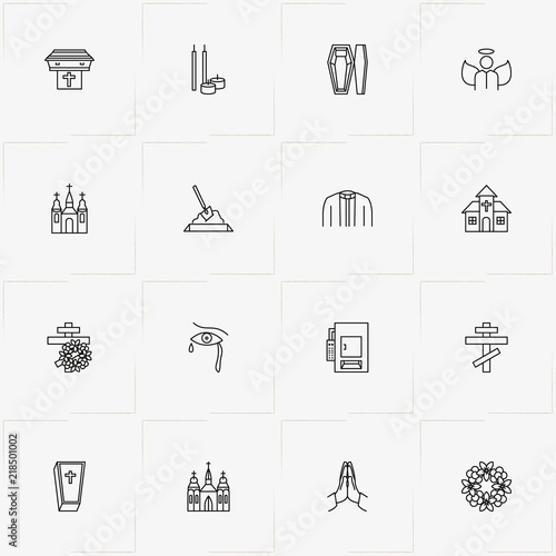 Funeral line icon set with priest dress, coffin and cross