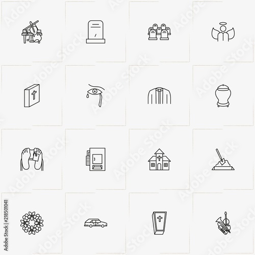 Funeral line icon set with tombstone, angel  and church