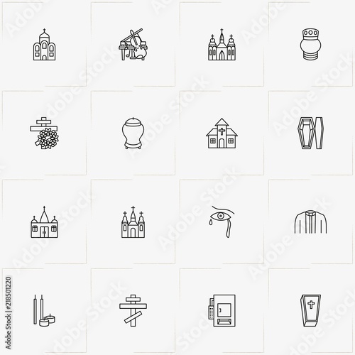 Funeral line icon set with priest dress, church candles and urn for ashes