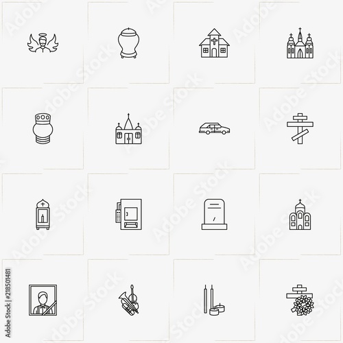Funeral line icon set with urn for ashes, crematory  and music instruments