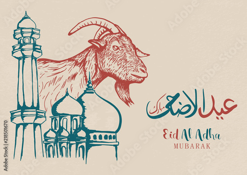 Elegant vintage design card celebration of Eid Al Adha with hand drawn goat, arabic calligraphy, and mosque. Illustration vector eps 10.