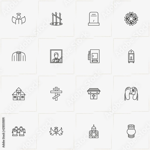Funeral line icon set with angel , morgue  and crematory
